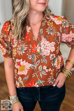 Brown Floral Stitched V Neck Frilled Trim Puff Short Sleeve Blouse - Brown / 1X / 100% Polyester - Plus Size/Plus Size