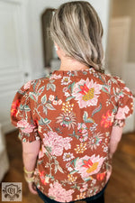 Brown Floral Stitched V Neck Frilled Trim Puff Short Sleeve Blouse - Plus Size/Plus Size Tops/Plus Size Blouses & Shirts