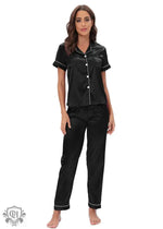 Black satin Buttoned Short Sleeve Lounge Set for stylish nighttime relaxation