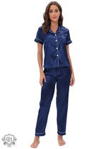 Navy blue satin buttoned short sleeve lounge set for comfortable evenings