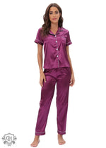 Purple satin Buttoned Short Sleeve Lounge Set featuring a stylish short sleeve design