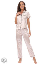 Champagne-colored satin buttoned short sleeve lounge set perfect for relaxation