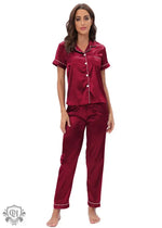 Burgundy satin Buttoned Short Sleeve Lounge Set for stylish sleepwear and relaxation