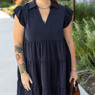 Navy Blue Collared V Neck Flutter Sleeve Tiered Plus Size Dress