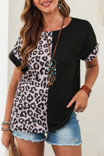 Rose Half Leopard Patchwork Short Sleeves Top