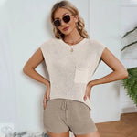 Spring Summer Loose Casual Suit Pocket Solid Color Women Knitted Sweater - Quality Home Clothing| Beauty