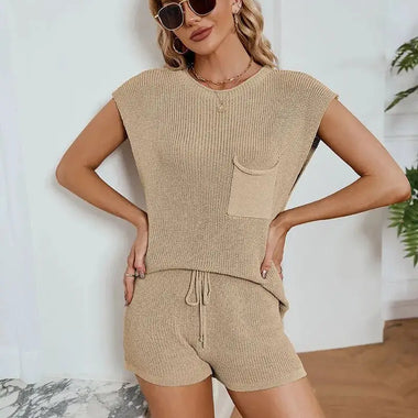 Spring Summer Loose Casual Suit Pocket Solid Color Women Knitted Sweater - Quality Home Clothing| Beauty