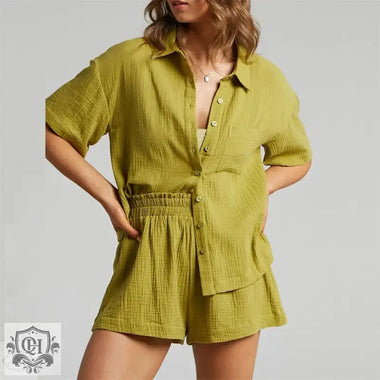 Solid Color Shirt Outfit Women  Casual Loose Short Sleeves Single Breasted Women  Clothing Spring Summer Shorts Two Piece Set - Quality Home Clothing| Beauty