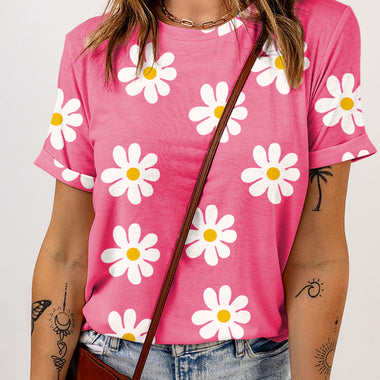 Pink Daisy Printed Crewneck T Shirt