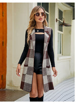 Check Plaid Sleeveless Long Vest - Clothing