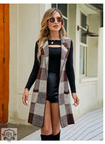 Check Plaid Sleeveless Long Vest - Clothing