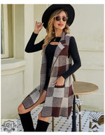 Check Plaid Sleeveless Long Vest - Clothing