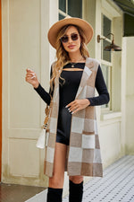 Check Plaid Sleeveless Long Vest - Clothing