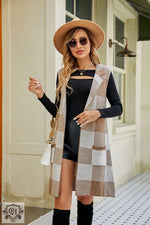 Check Plaid Sleeveless Long Vest - Clothing