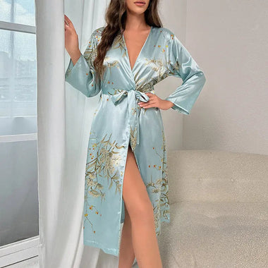 Ice Silk Pajamas Women Hotel Bathroom Lace Bathrobe Summer Breathable Thin Cherry Print Long Sleeve Nightgown - Quality Home Clothing| Beauty