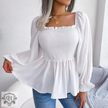 Spring Summer Casual Wooden Ear Square Collar Long Sleeve Chiffon Shirt Women Clothing - Quality Home Clothing| Beauty