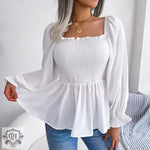 Spring Summer Casual Wooden Ear Square Collar Long Sleeve Chiffon Shirt Women Clothing - Quality Home Clothing| Beauty