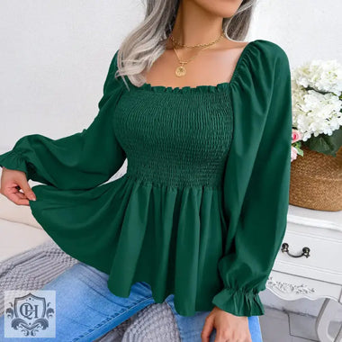 Spring Summer Casual Wooden Ear Square Collar Long Sleeve Chiffon Shirt Women Clothing - Quality Home Clothing| Beauty