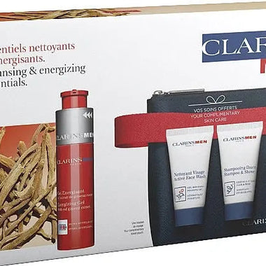 Clarins Men Gift Set 50ml Energizing Gel + 30ml Shampoo & Shower Gel + 30ml Active Face Wash + Wash Bag - QH Clothing