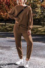 Coffee Solid Color High Low Pullover and Skinny Pants Set - Two Piece Sets/Pant Sets