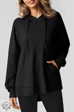 Coffee Waffle Knit Fleece Lined High Low Oversized Hoodie - Black / S / 75% Polyester + 25% Cotton - Tops/Sweatshirts &