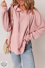 Coffee Waffle Knit Fleece Lined High Low Oversized Hoodie - Light Pink / S / 75% Polyester + 25% Cotton