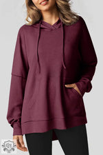 Coffee Waffle Knit Fleece Lined High Low Oversized Hoodie - Red Dahlia / S / 75% Polyester + 25% Cotton