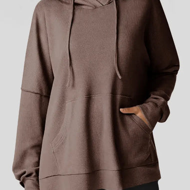 Coffee Waffle Knit Fleece Lined High Low Oversized Hoodie - Coffee / S / 75% Polyester + 25% Cotton - Tops/Sweatshirts