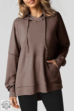 Coffee Waffle Knit Fleece Lined High Low Oversized Hoodie - Coffee / S / 75% Polyester + 25% Cotton - Tops/Sweatshirts