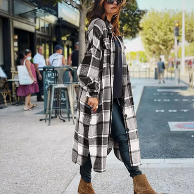 Autumn Winter Long Windbreaker Side Slit Collared Slim Fit Women Woolen Plaid Coat - Quality Home Clothing| Beauty