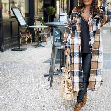 Autumn Winter Long Windbreaker Side Slit Collared Slim Fit Women Woolen Plaid Coat - Quality Home Clothing| Beauty