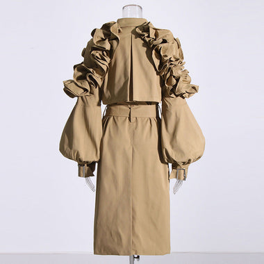 Collared Ruffled Trench Coat - Slim Fit - QH Clothing