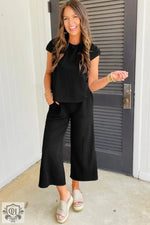 Color black Textured Knit Cap Sleeve T Shirt and Wide Leg Pants Set - Two Piece Sets/Pant Sets