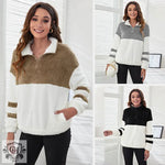 Zipper Colour Block Plush Sweater - QH Clothing