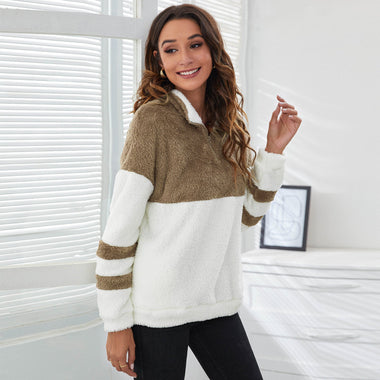 Zipper Colour Block Plush Sweater - QH Clothing