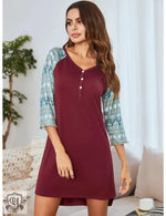 Autumn Winter Color Contrast Patchwork Nightdress Women Slim-Fit Home Wear V-neck Long Sleeve Christmas Nightdress - Quality Home Clothing| Beauty