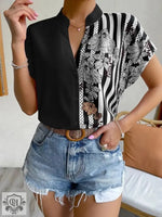 Women Clothing Summer Double Matching Contrast Color Floral Button Cardigan Short Sleeve Shirt Women - Quality Home Clothing| Beauty