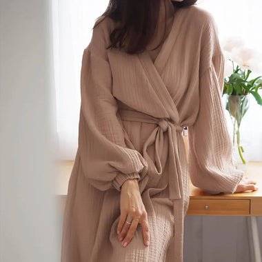 Early Spring French Solid Color Cardigan Nightgown Double Layer Gauze Full Cotton Casual Home Pajamas Women Cotton - Quality Home Clothing| Beauty