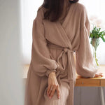 Early Spring French Solid Color Cardigan Nightgown Double Layer Gauze Full Cotton Casual Home Pajamas Women Cotton - Quality Home Clothing| Beauty