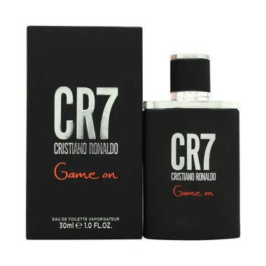 Cristiano Ronaldo CR7 Game On fragrance bottle and box in black, white, and orange