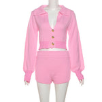 Cropped Collared Cardigan & Shorts Set - Clothing