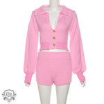 Cropped Collared Cardigan & Shorts Set - Clothing