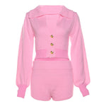 Cropped Collared Cardigan & Shorts Set - S / Pink - Clothing