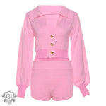 Cropped Collared Cardigan & Shorts Set - S / Pink - Clothing