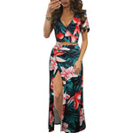 Cut Out Floral Top & Open Leg Skirt - S / Green Safflower - Clothing