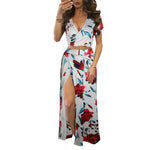 Cut Out Floral Top & Open Leg Skirt - S / White Background with Red Flowers - Clothing