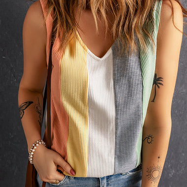 Multicolor Color Block V-Neck Waffle Knit Tank Top