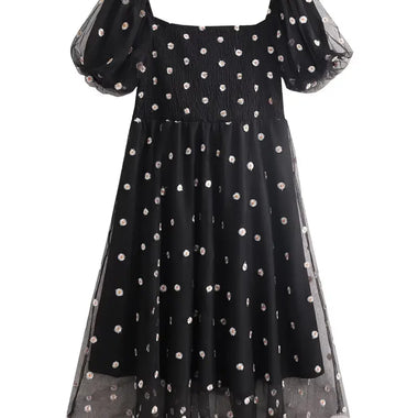 Black Polka Midi Dress with Puff Sleeves - QH Clothing