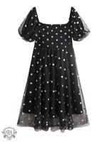 Black Polka Midi Dress with Puff Sleeves - QH Clothing