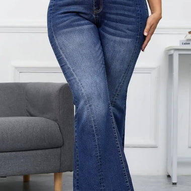 Dark Blue Plus Size Stitching Washed Flare Jeans - Dark Blue / 1X / 71% Cotton + 27.5% Polyester + 1.5% Elastane - Plus